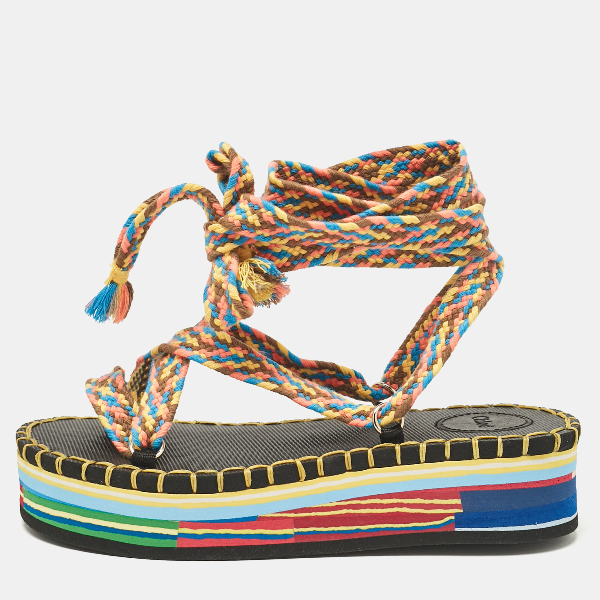 

Chloé Multicolor Knit Fabric Ankle Strap Sandals Size