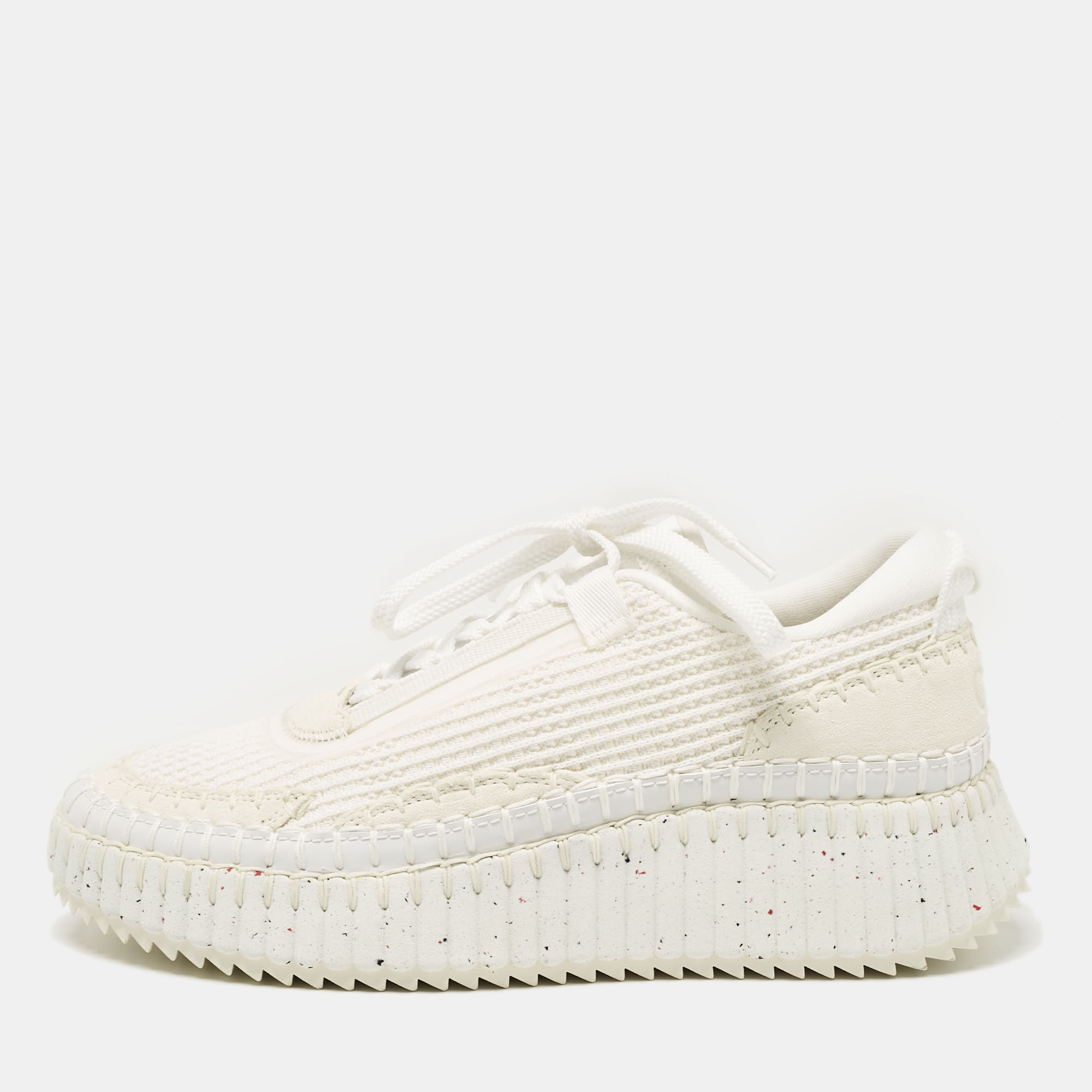 

Chloe White Knit Fabric and Suede Nama Sneakers Size