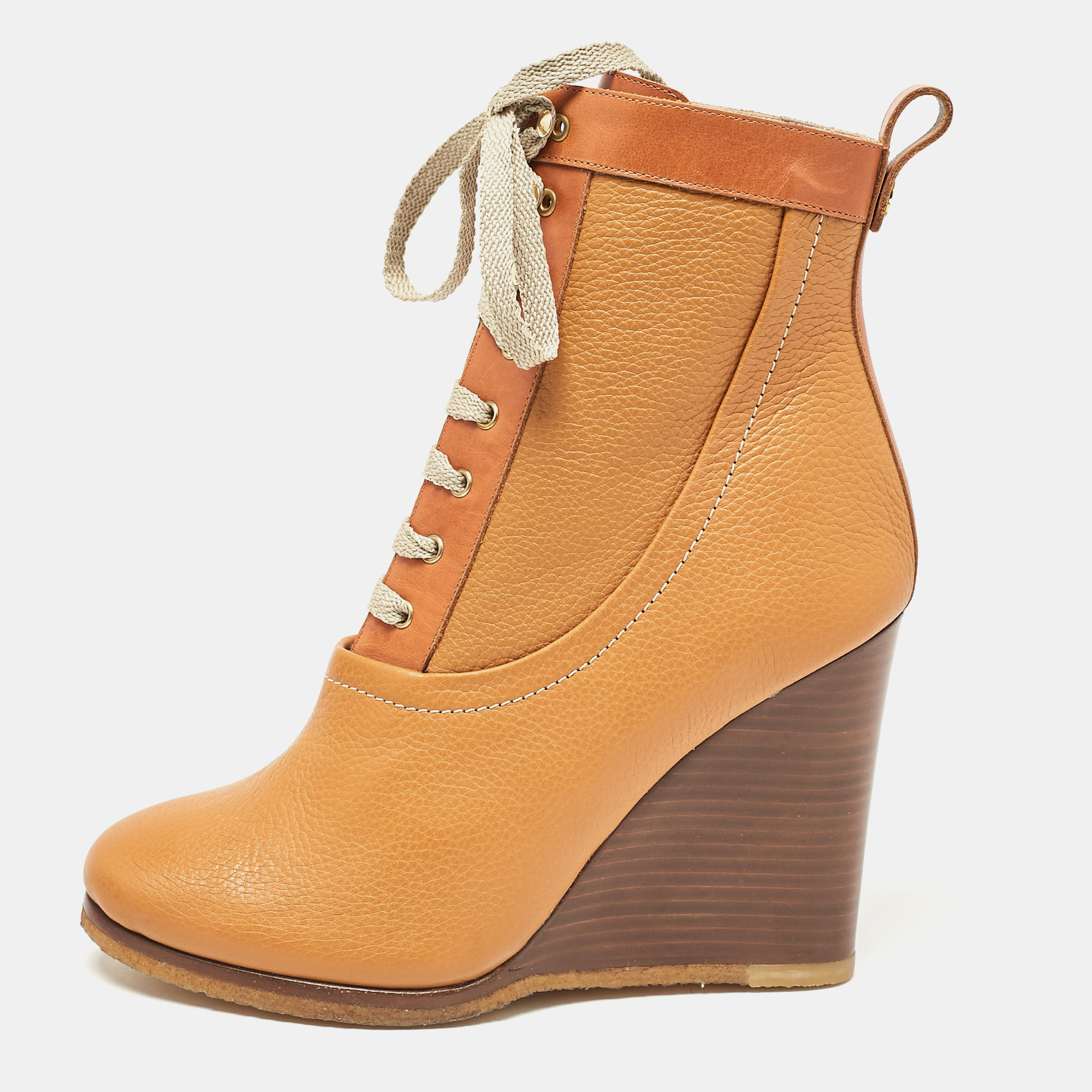 

Chloe Brown Leather Lace Up Wedge Ankle Boots Size