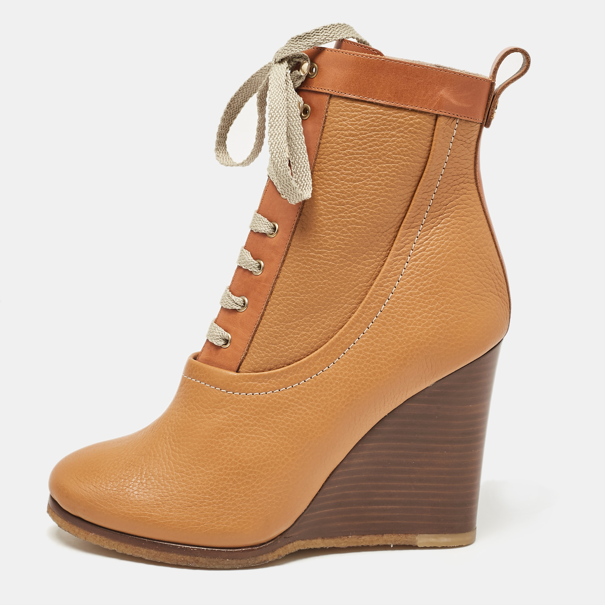 

Chloe Brown Leather Lace Up Wedge Ankle Boots Size