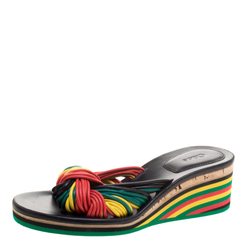 Pre Owned Chloe Multicolor Knotted Leather Jamaica Wedge Slides Size 40