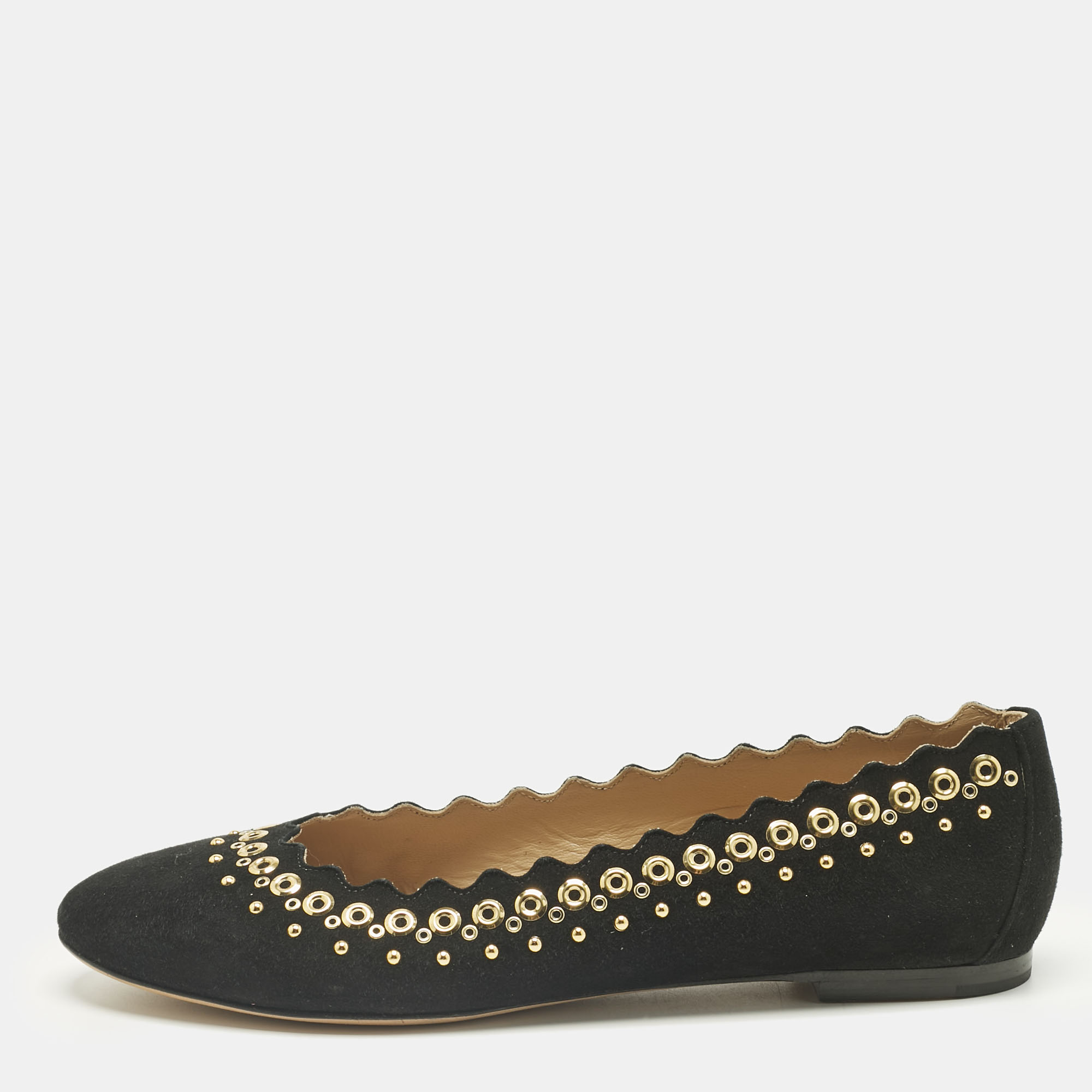 CHLOÉ Pre-owned Black Suede Studded Scalloped Ballet Flats Size 38.5