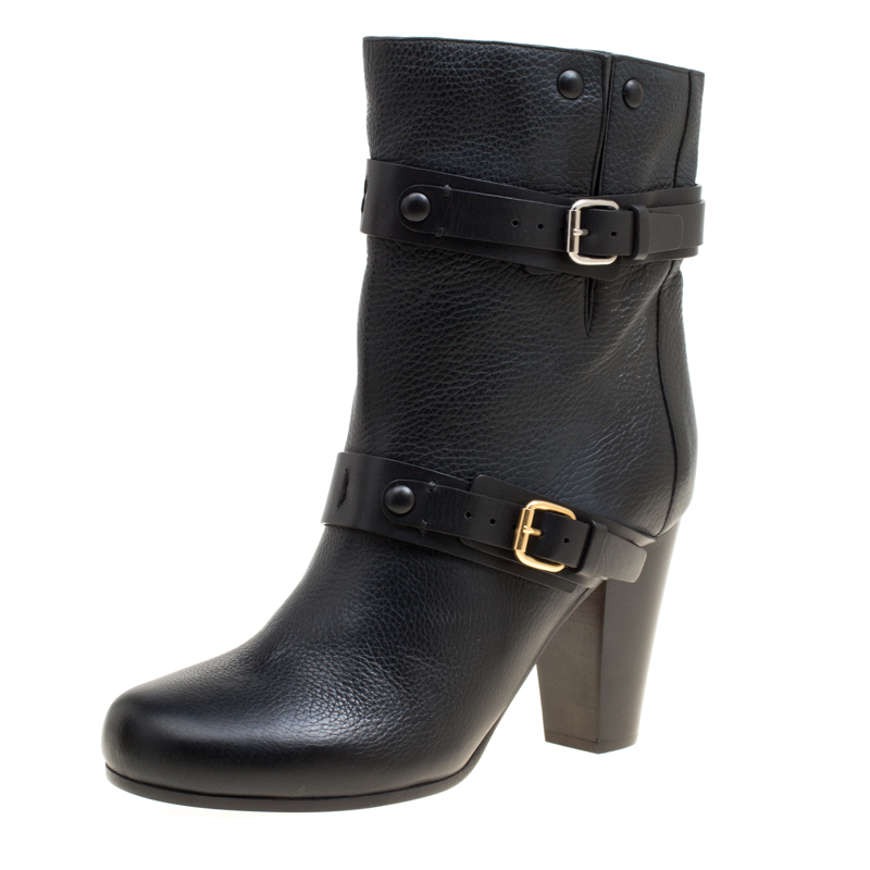 Pre Owned Chloe Black Leather Double Buckle Ankle Boots Size 38.5