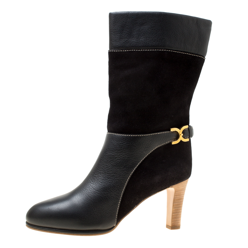 

Chloe Black Suede and Leather Renna Block Heel Calf Boots Size