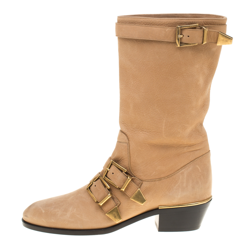 

Chloe Beige Leather Susanna Buckle Detail Calf Length Boots Size