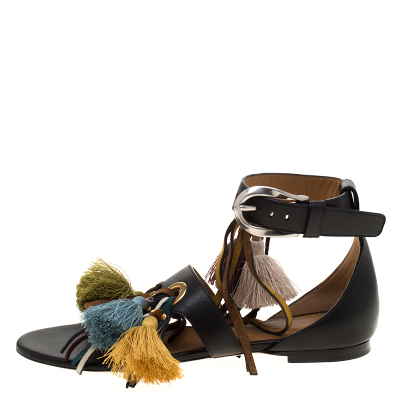

Chloe Black Leather Tassel Detail Ankle Cuff Flat Sandals Size