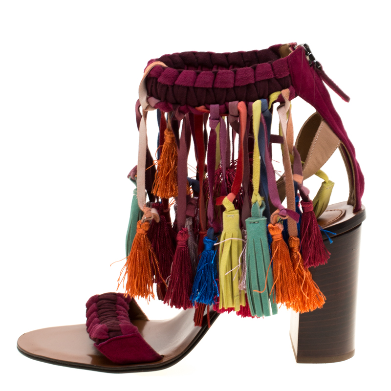 

Chloe Multicolor Leather And Suede Tassel Detail Block Heel Sandals Size