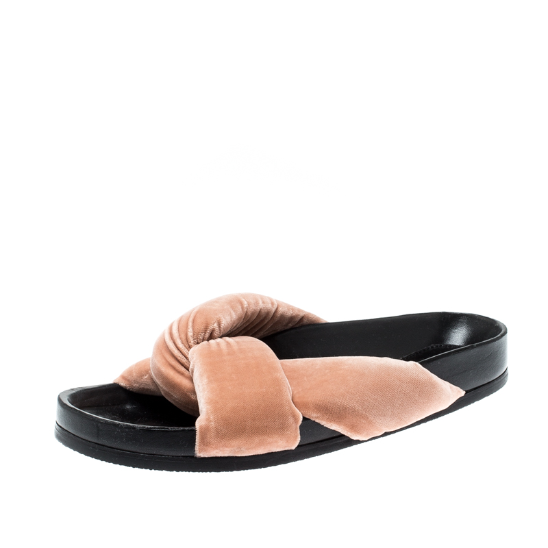 Pre Owned Chloe Beige Velvet Knotted Slip On Flats Slides Size 38