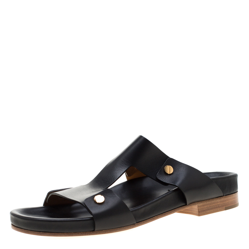 Chloe Black Leather Erika Slip On Flat Sandals Size 41