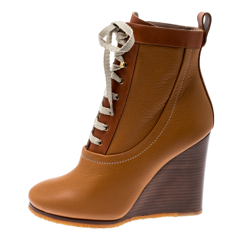 

Chloe Brown Leather Lace Up Wedge Ankle Boots Size