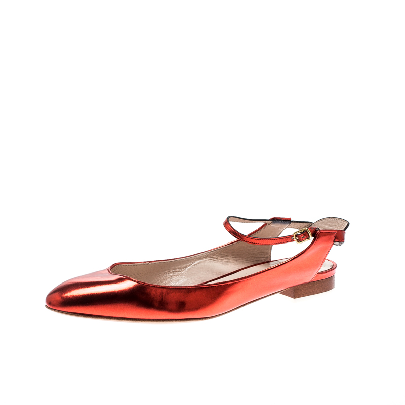 Chloe Metallic Red Ankle Strap Flat Sandals Size 39