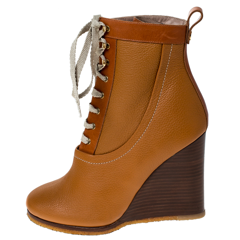 

Chloe Brown Leather Lace Up Wedge Ankle Boots Size
