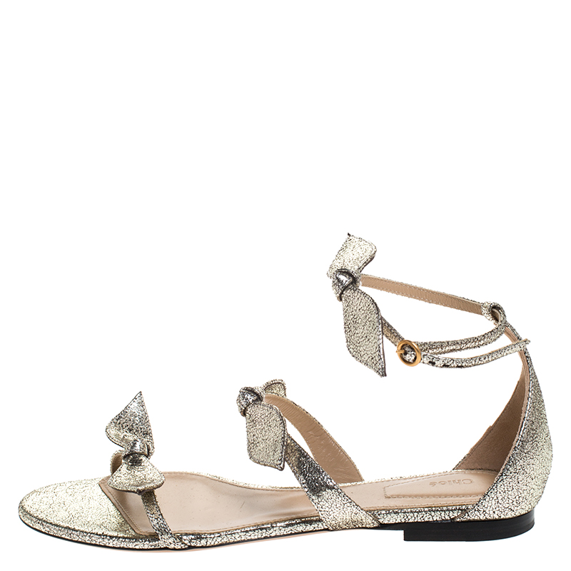 

Chloe Metallic Gold Leather Mike Bow Flat Sandals Size