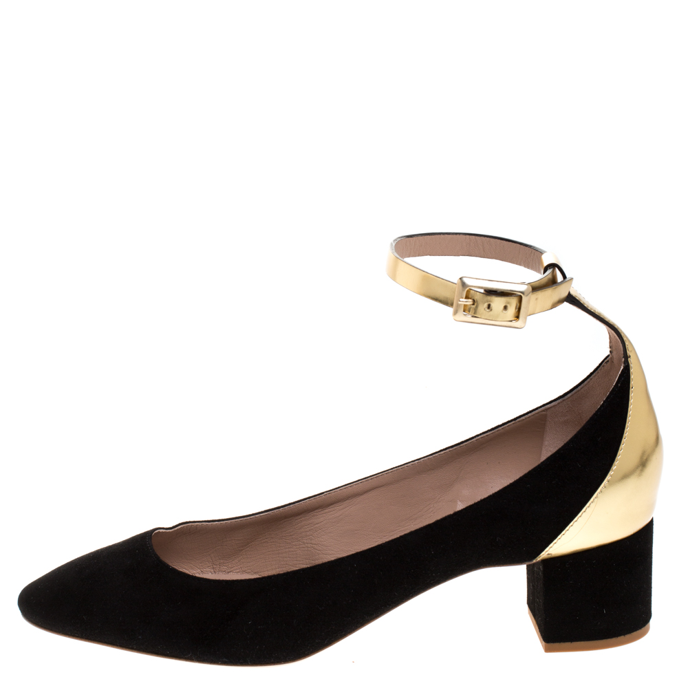 

Chloe Black Suede And Gold Leather Block Heel Ankle Strap Pumps Size