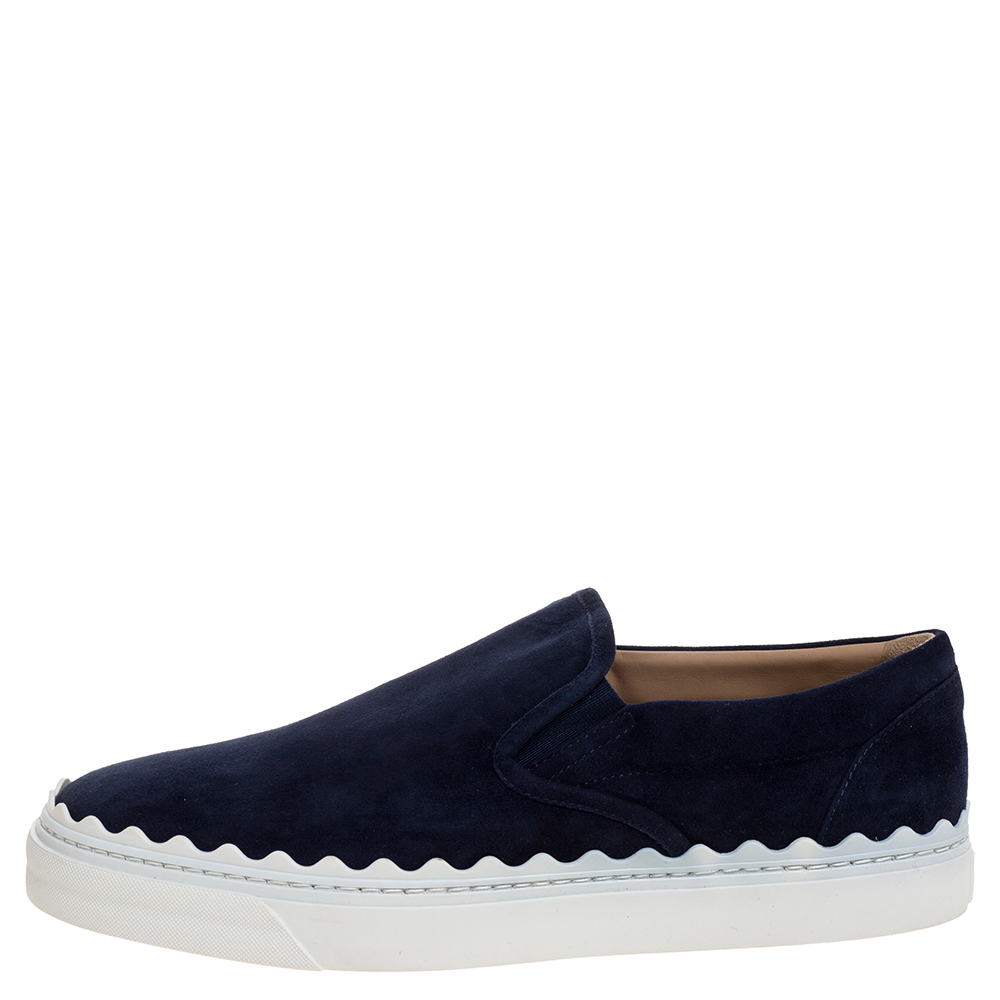 

Chloe Navy Blue Suede Ivy Scallop Slip On Sneakers Size