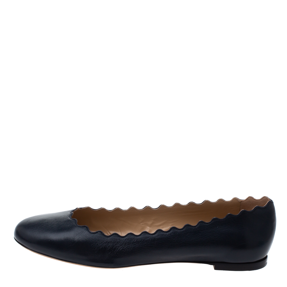 

Chloe Navy Blue Leather Lauren Scalloped Ballet Flats Size