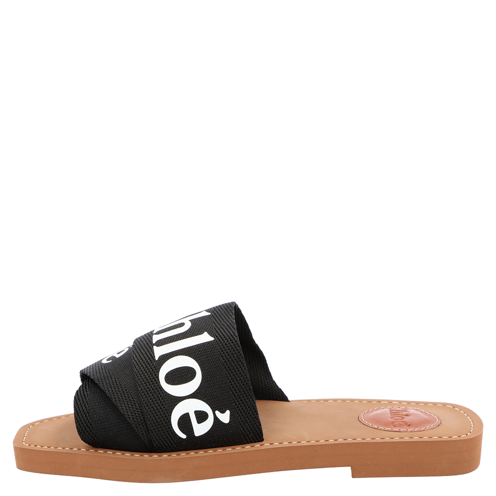 

Chloe Black Canvas 'Woody' Logo Print Strap Sandals Size