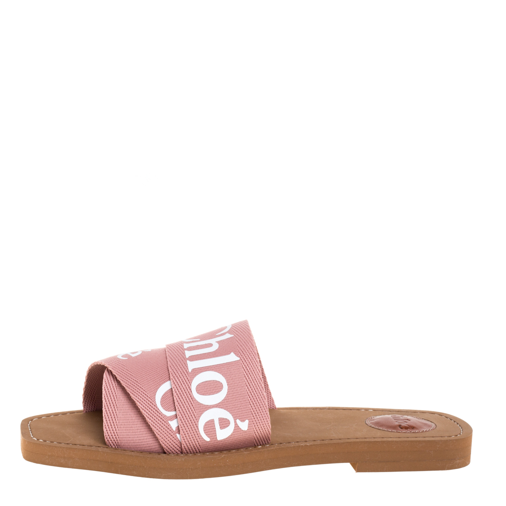 

Chloe Pink Canvas Logo Ribbon Woody Flat Slide Sandals Size