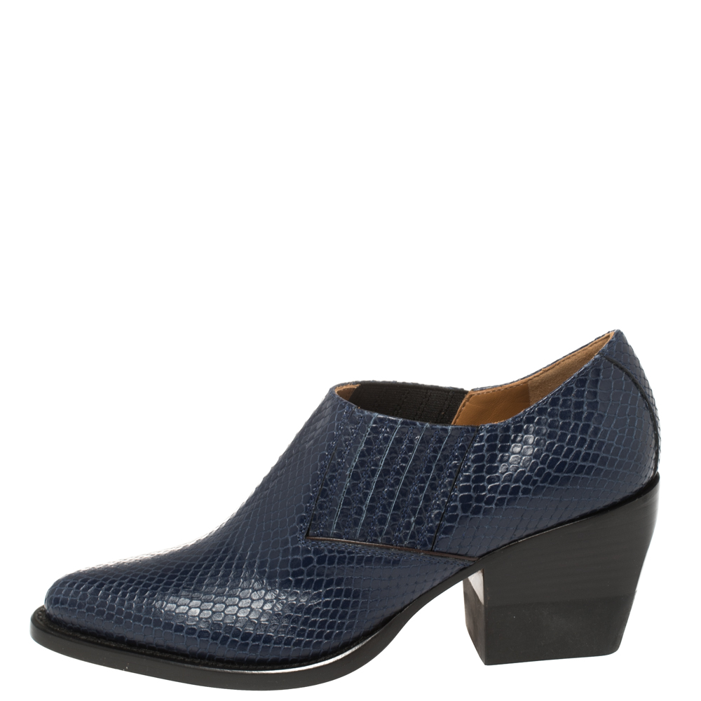 

Chloe Blue Snake Embossed Leather Block Heel Ankle Booties Size