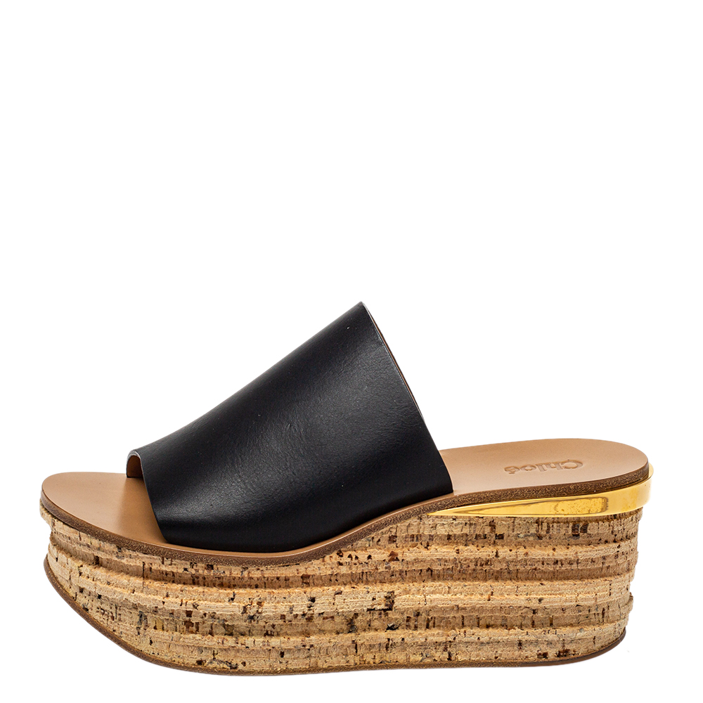 

Chloé Black Leather Wedge Mules Sandals Size