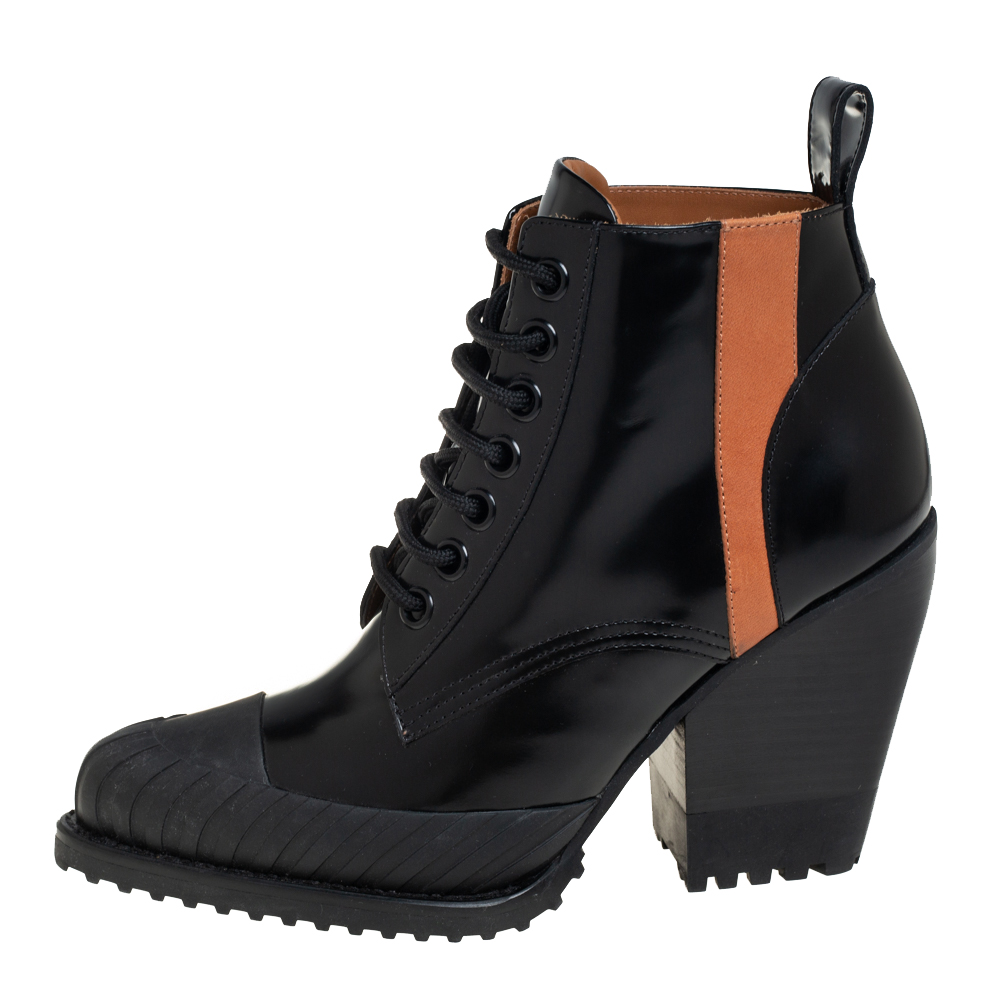 

Chloé Black Leather And Rylee Rubber Cap Toe Lace Up Ankle Boots Size