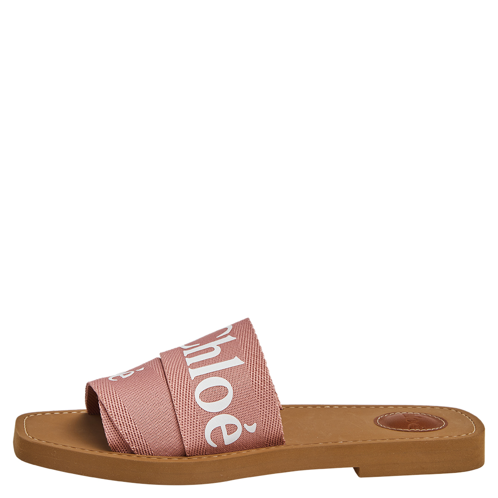 

Chloe Pink Fabric Woody Logo Flat Slides Size