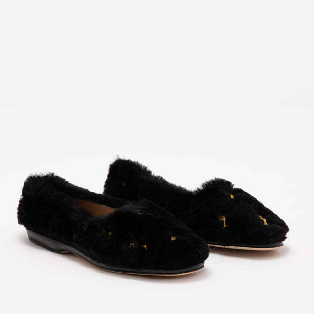 

Chloe Black Leather Horse Embroidered Fur Flats Size EU