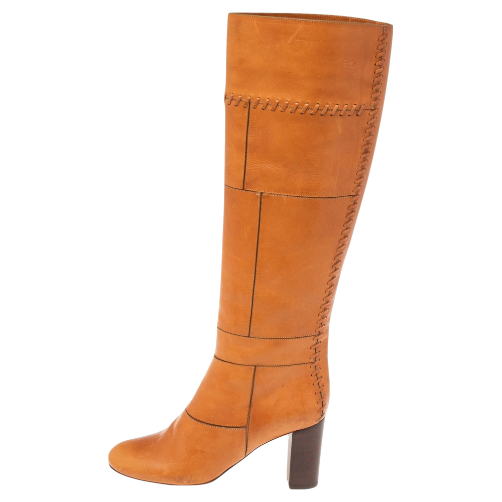 

Chloe Tan Patchwork Leather Whipstitch Knee Length Boots Size
