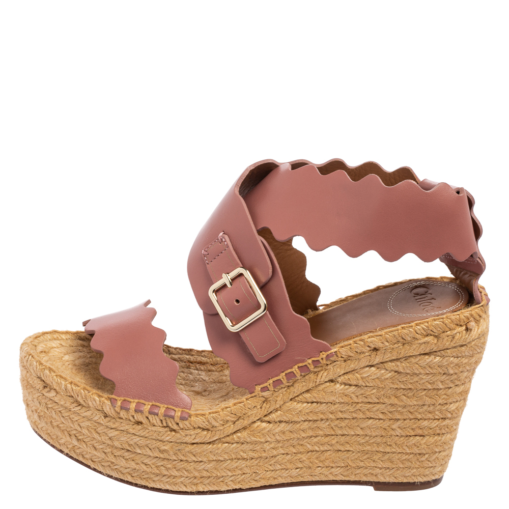 

Chloe Pink Scalloped Leather Lauren Espadrille Wedge Sandals Size