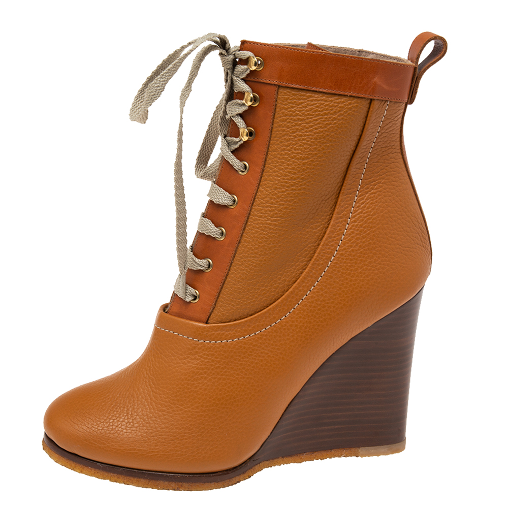 

Chloe Brown Leather Lace Up Wedge Ankle Boots Size