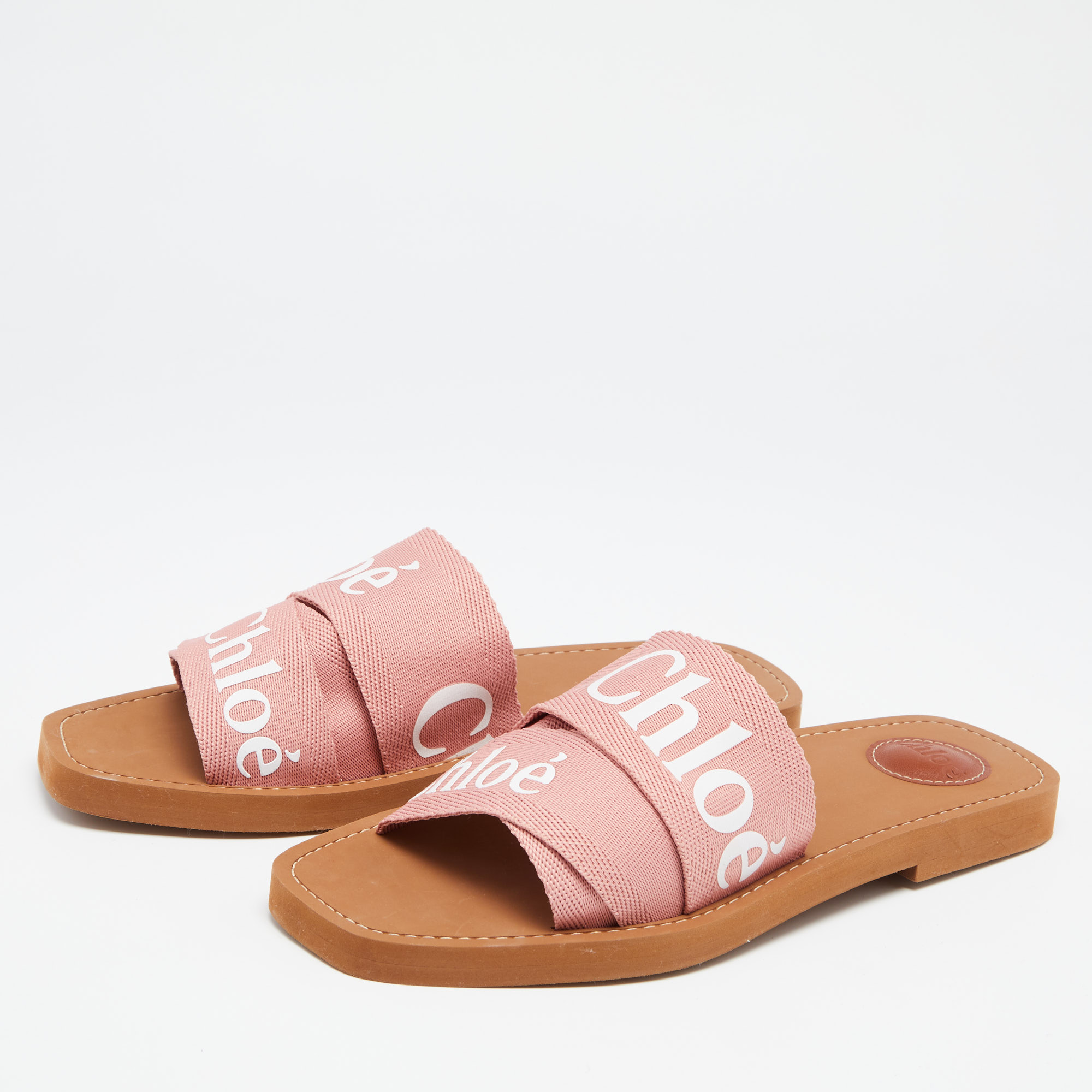 

Chloe Pink Canvas Logo Ribbon Woody Flat Slide Sandals Size