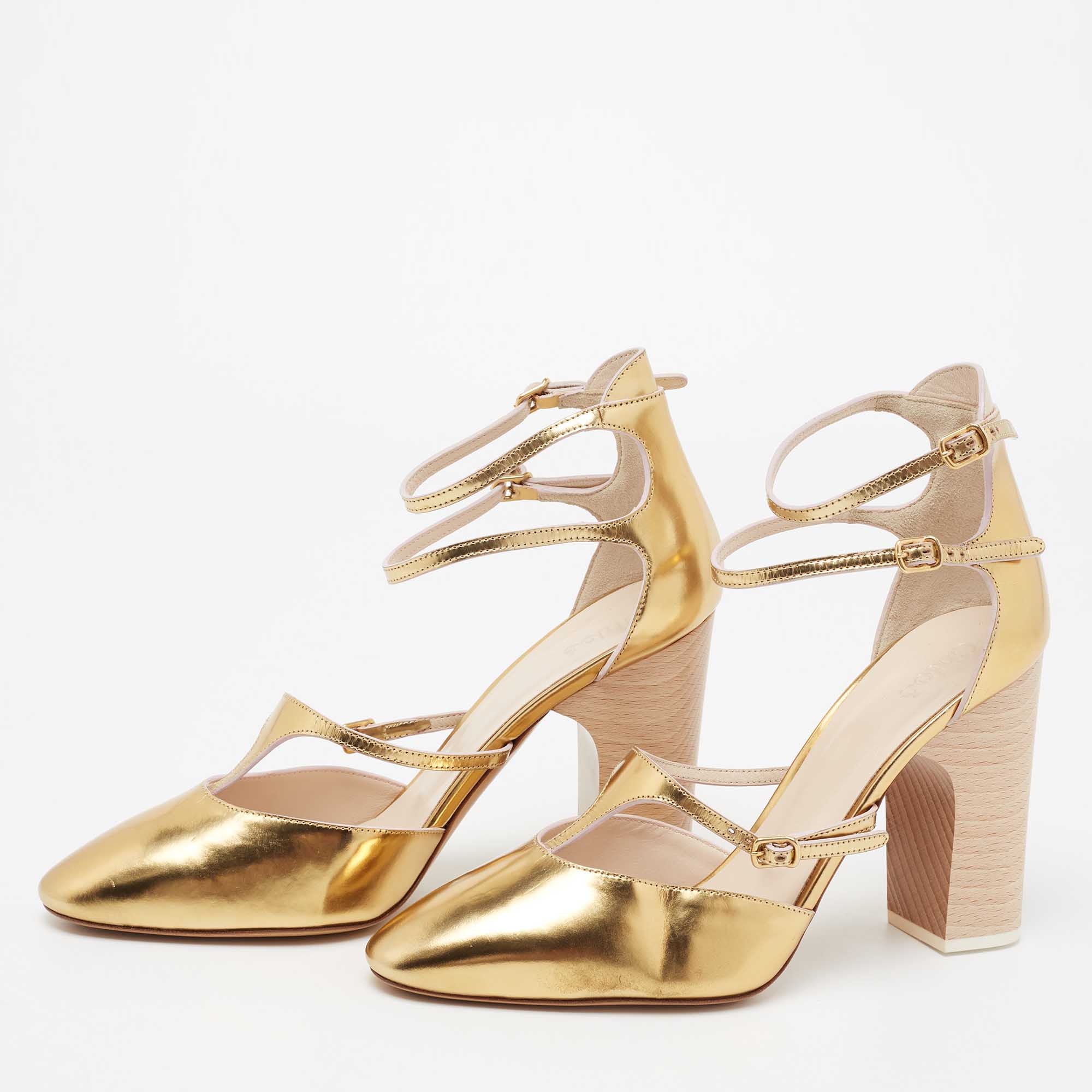 

Chloe Gold Metallic Leather Block Heel Ankle-Strap Pumps Size