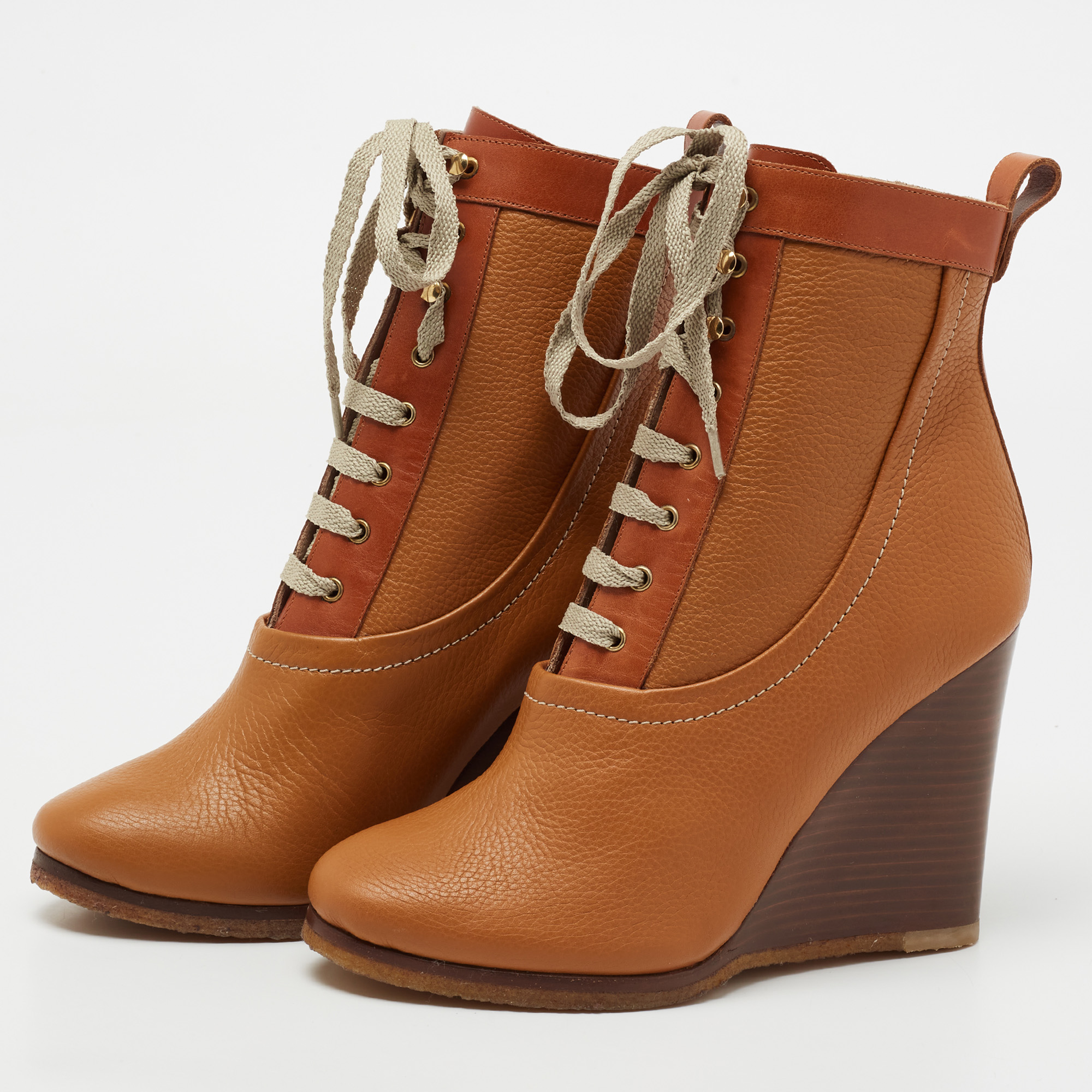 

Chloe Brown Leather Lace Up Wedge Ankle Boots Size