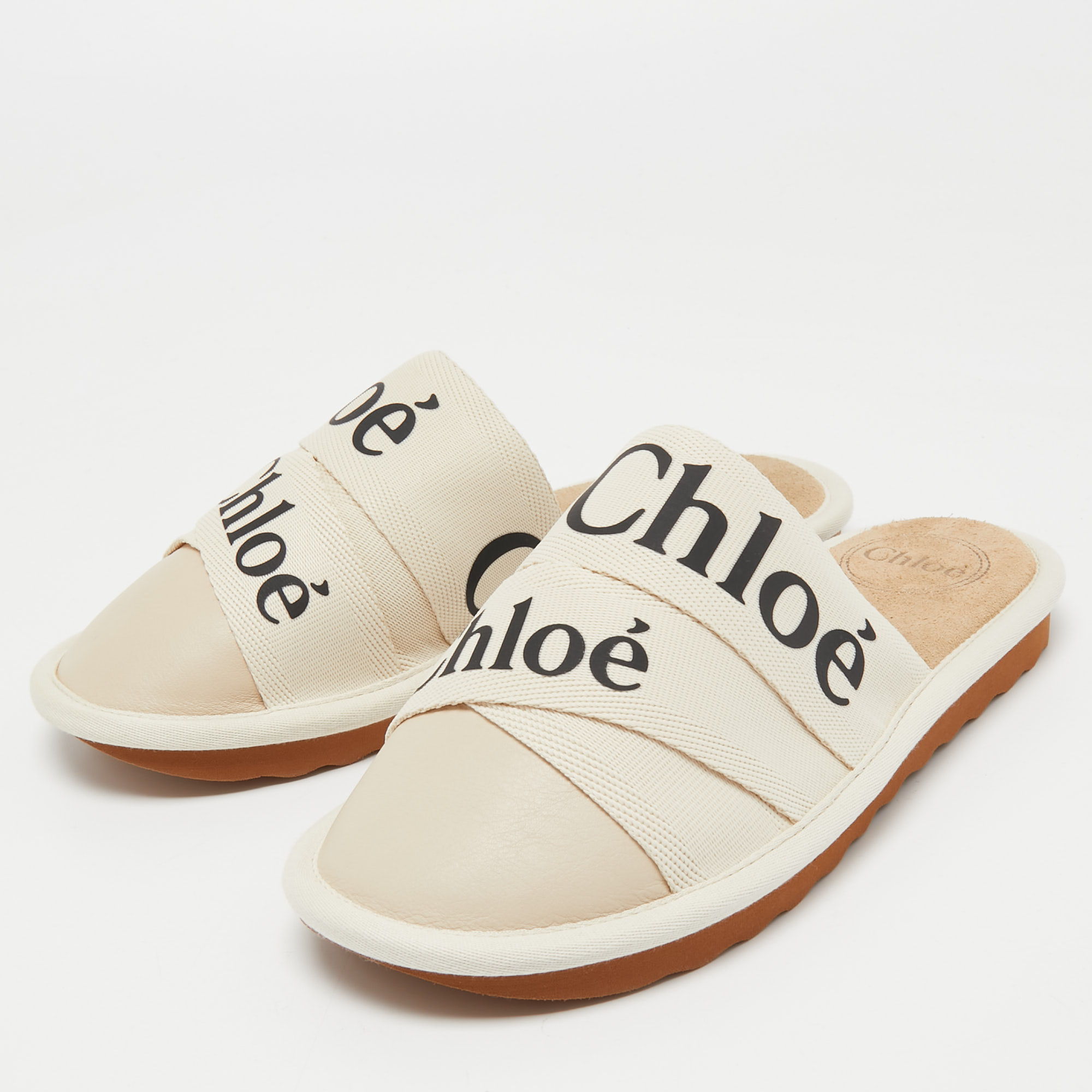 

Chloe Cream Canvas and Leather Woody Mules Size