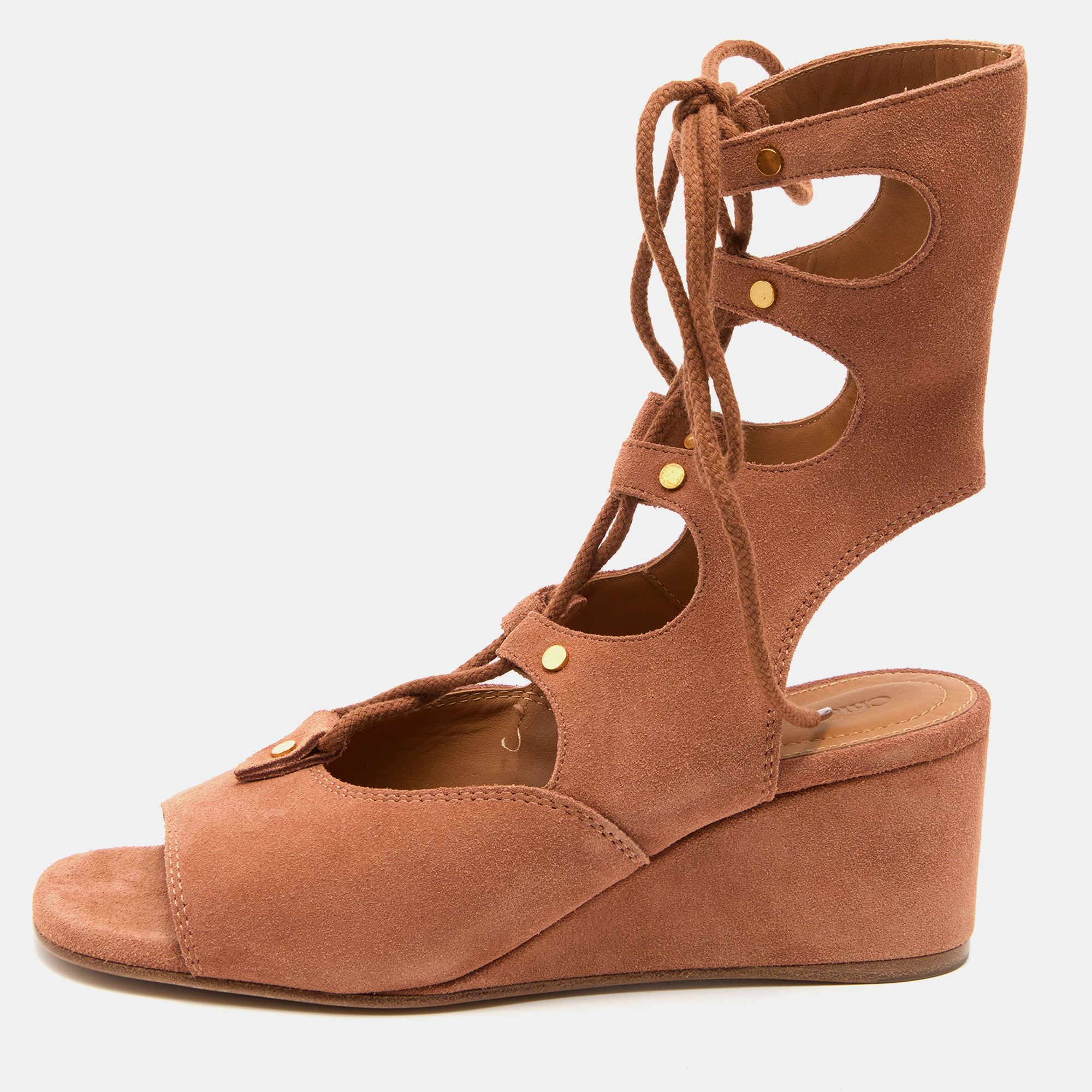 

Chloe Brown Suede Caged Tie Up Ghillie Wedge Sandals Size
