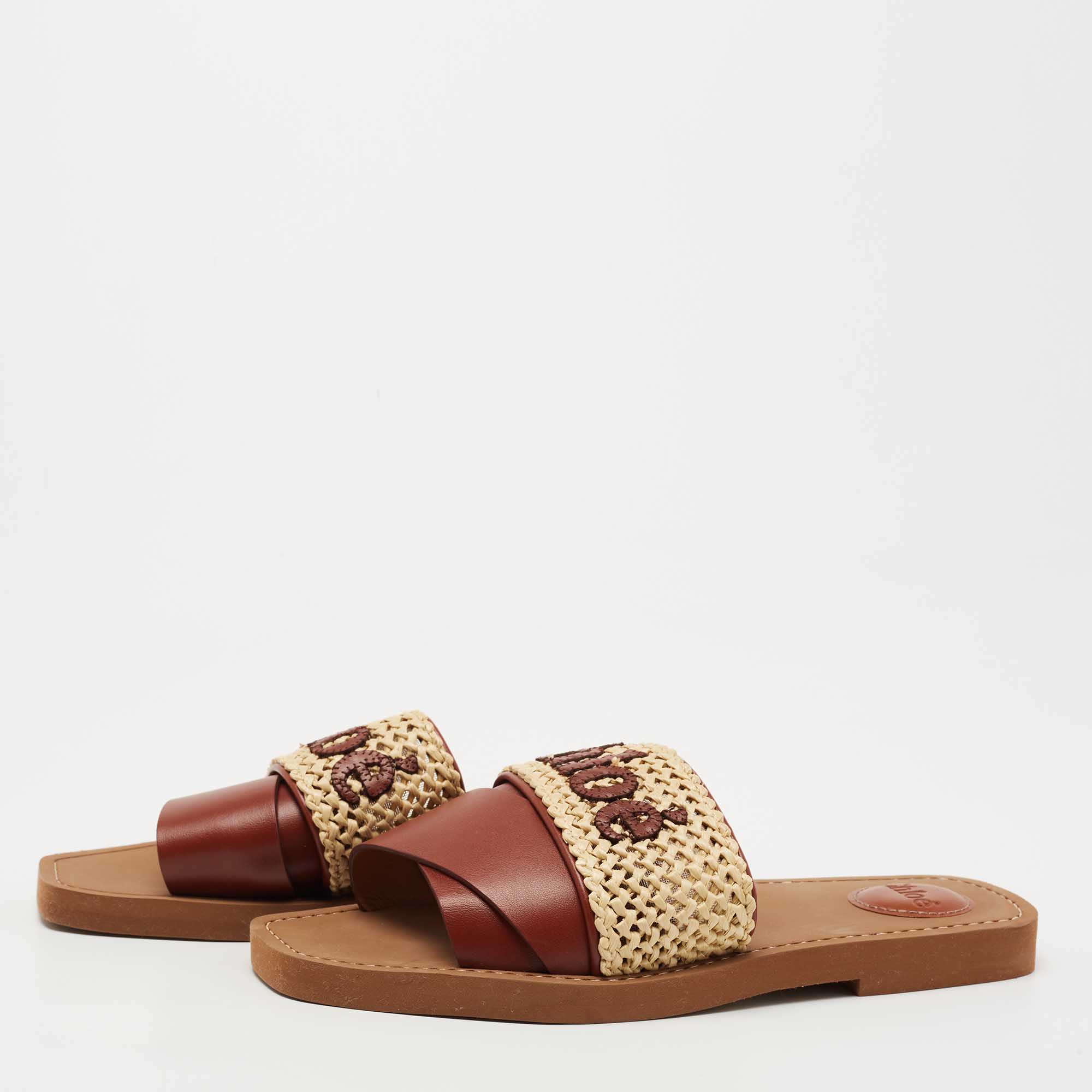 

Chloe Brown/Beige Leather and Woven Raffia Woody Flat Slides Size