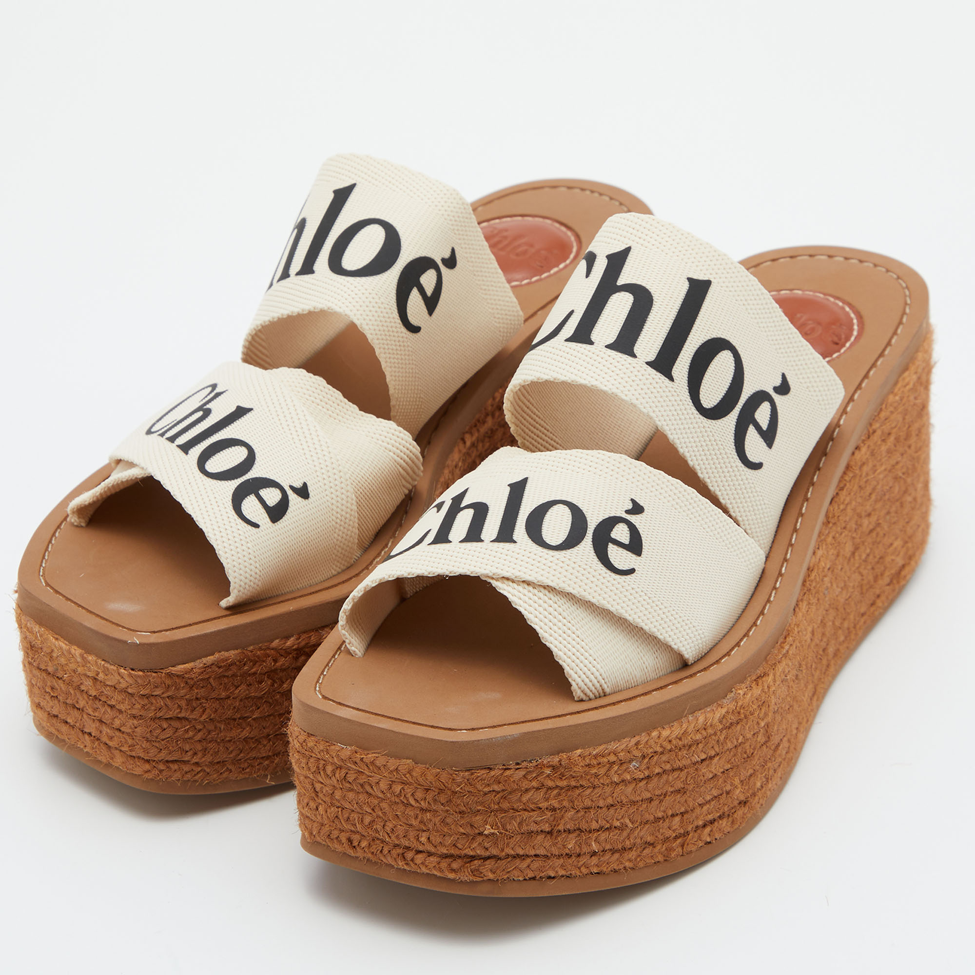 

Chloe Beige Logo Print Canvas Woody Wedge Slide Sandals Size