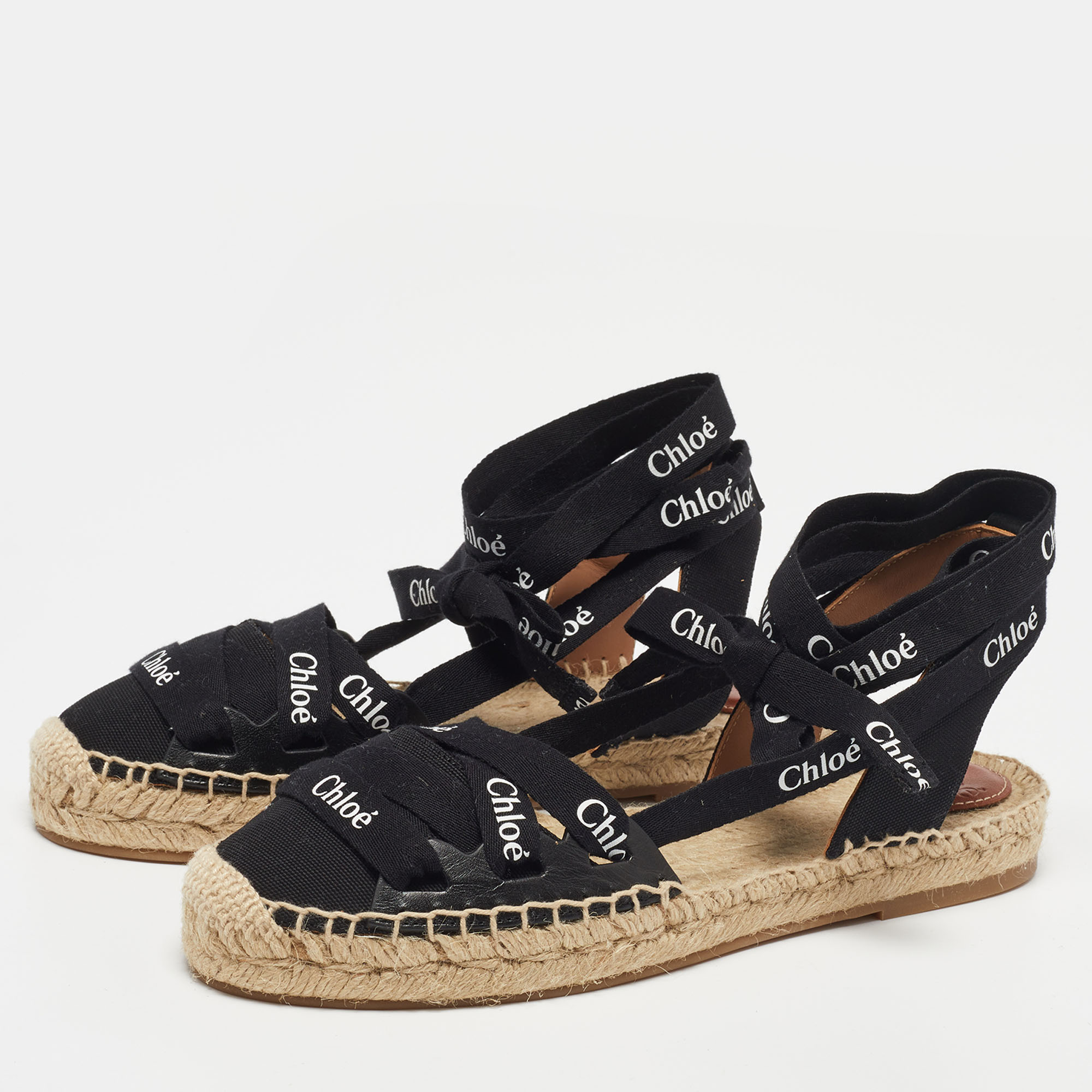 

Chloe Black Canvas Ingrid Ankle Wrap Espadrille Flats Size