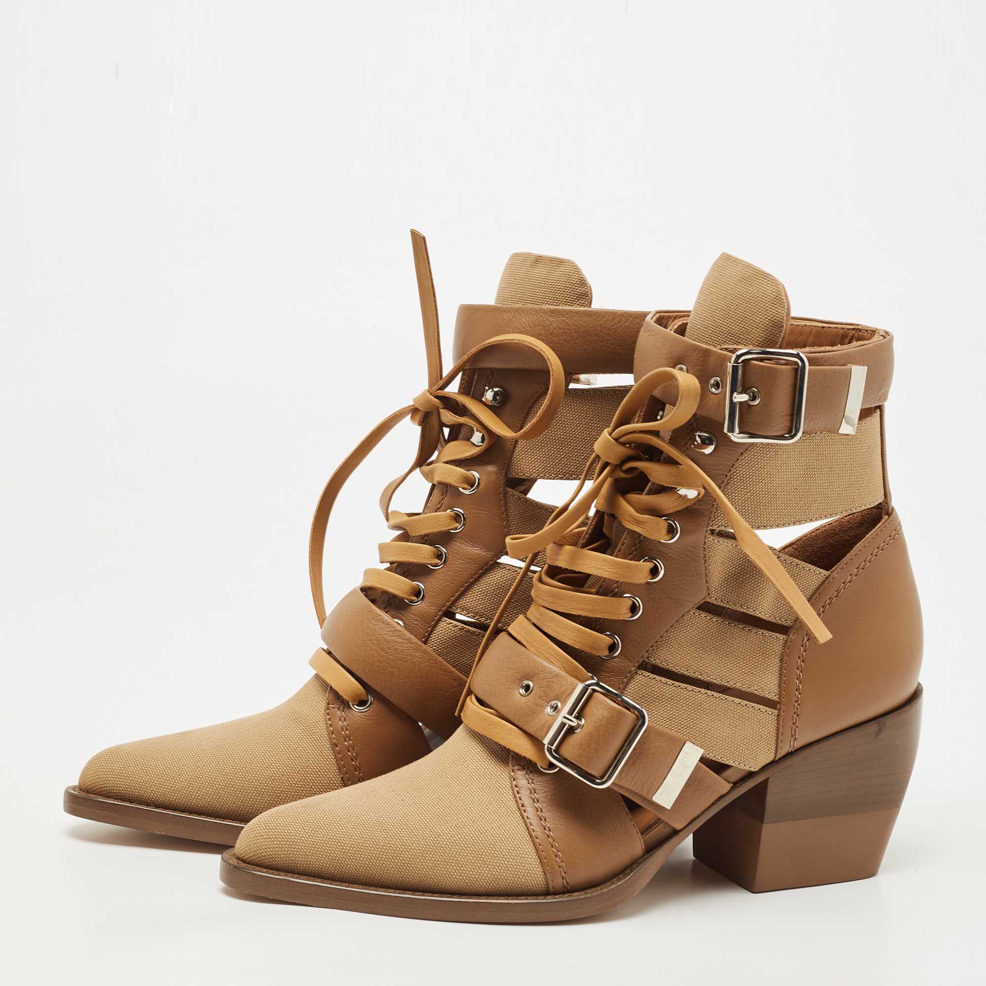 

Chloe Brown Leather and Canvas Rylee Cut Out Buckle Detail Ankle Boots Size