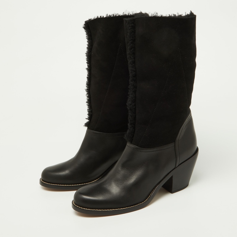 

Chloe Black Leather, Suede and Fur Trim Mid Calf Boots Size