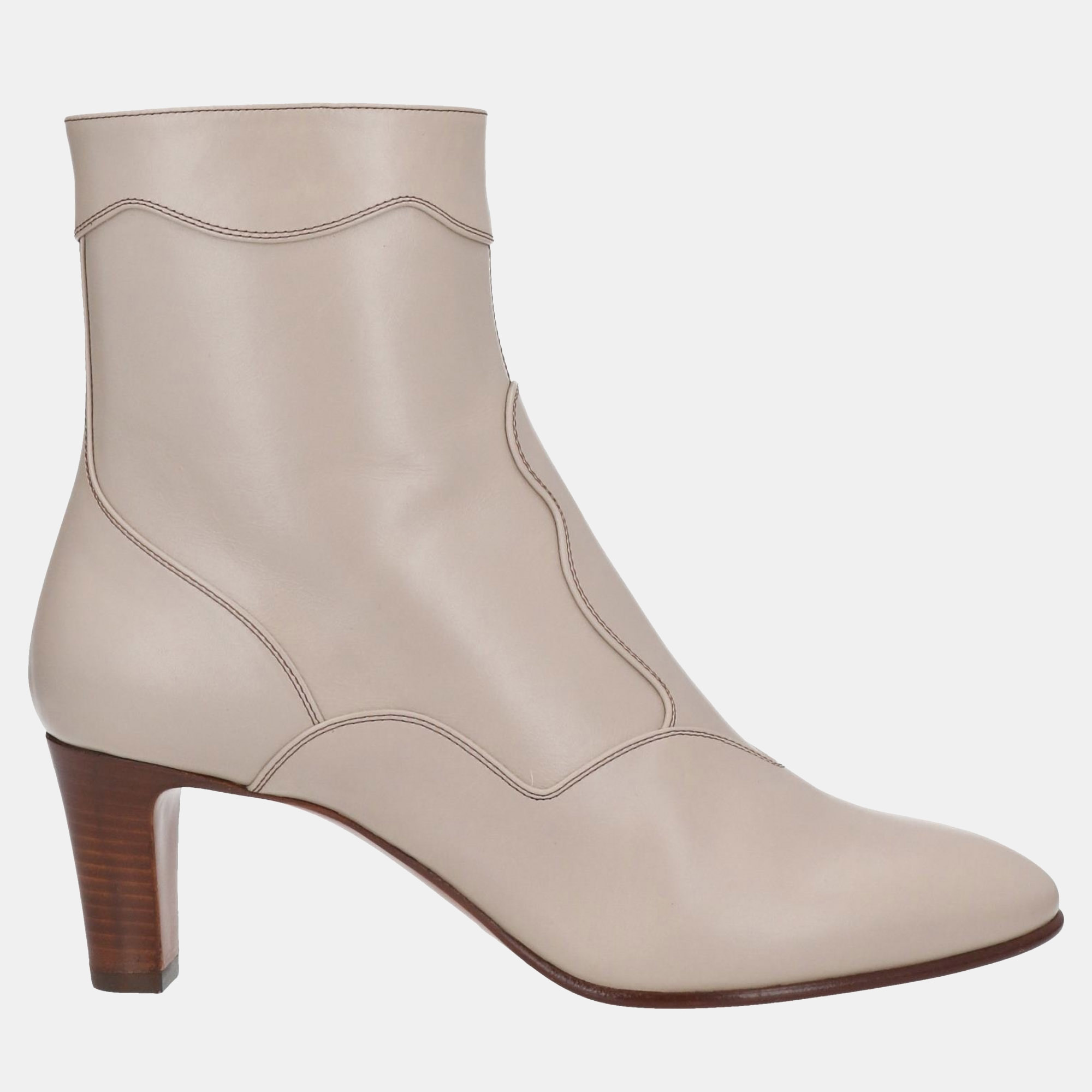Pre-owned Chloé Leather Round Toe Ankle Boots 36.5 In Beige