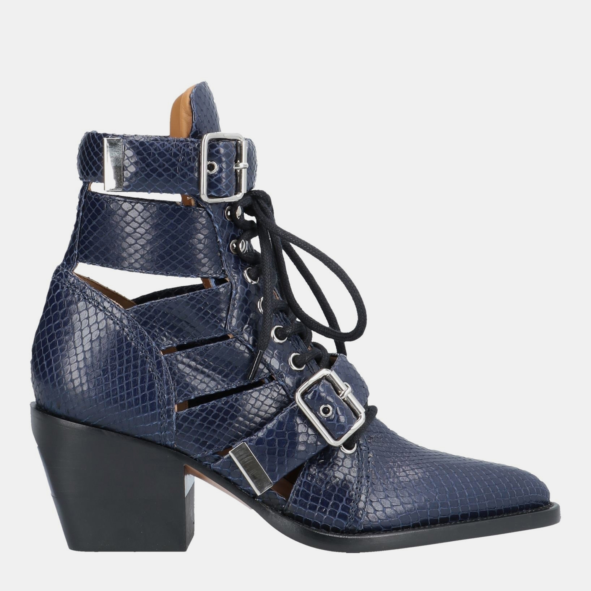 Pre-owned Chloé Snakeskin Embossed Leather Ankle Boots 37 In Navy Blue