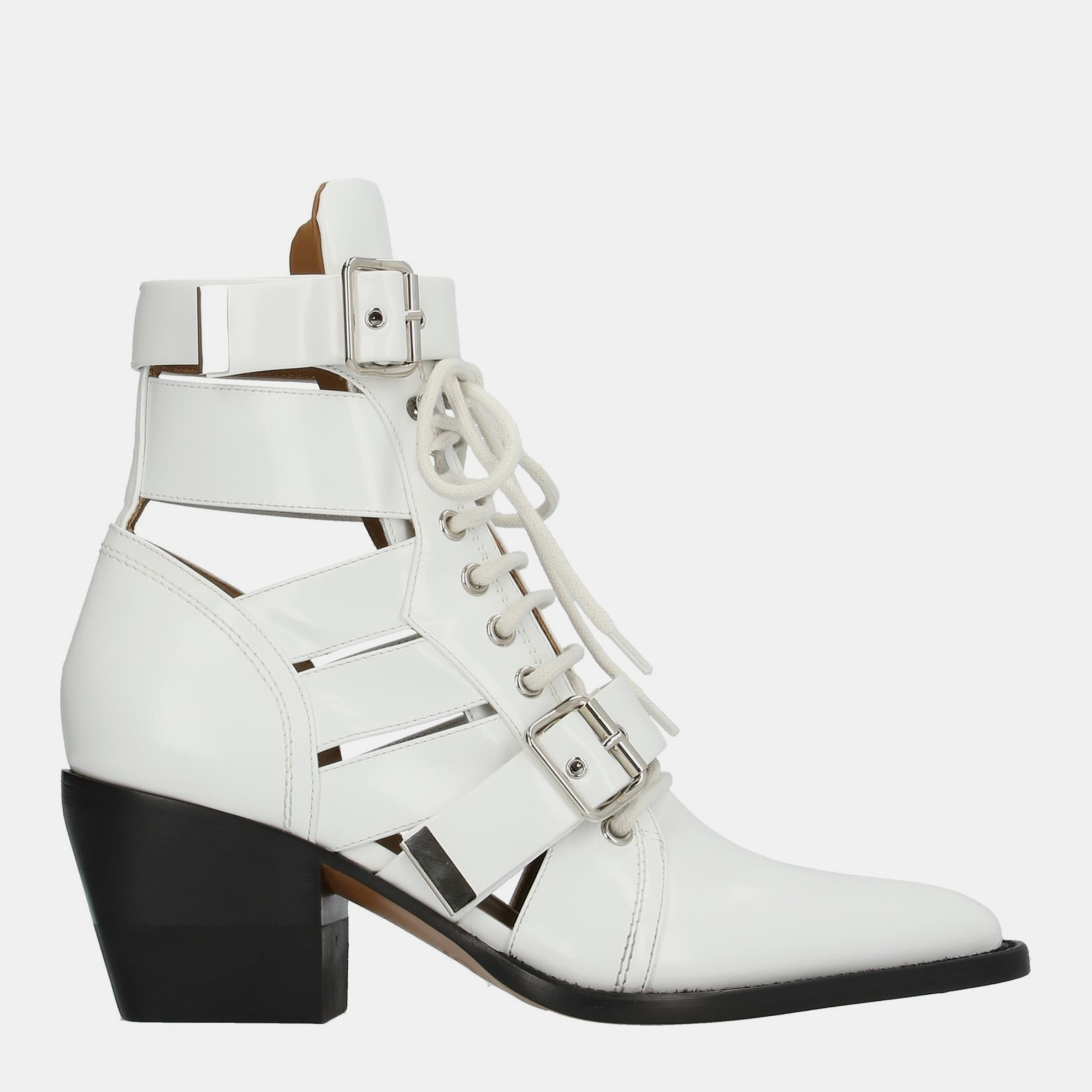 Pre-owned Chloé White Leather Patent Leather Ankle Boots Size 35