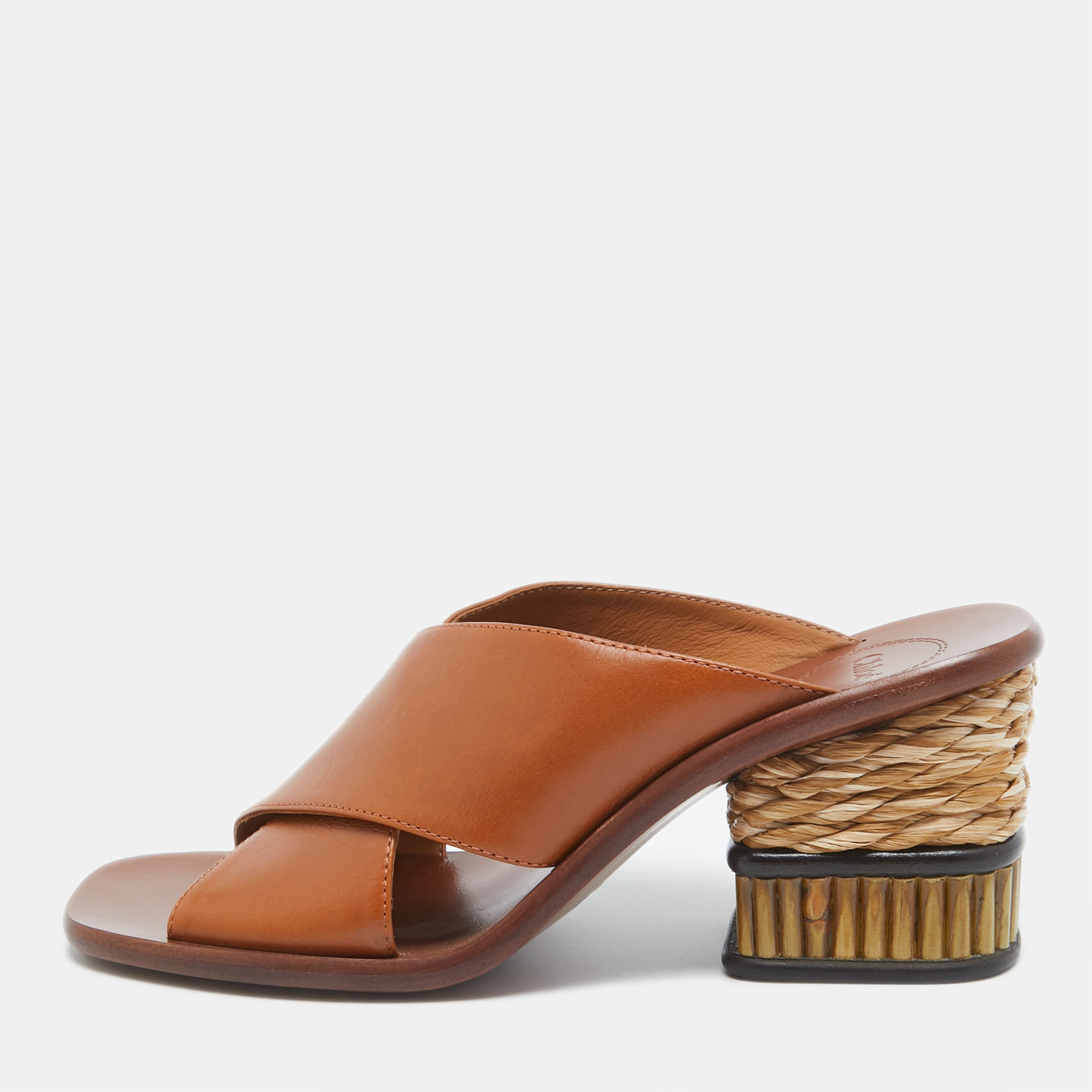 

Chloé Tan Leather Slides Block Heel Sandals Size