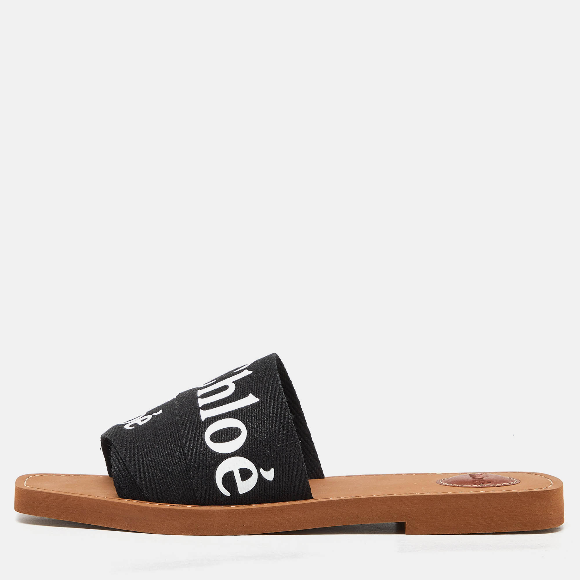 Pre-owned Chloé Black Canvas Logo Woody Flat Slides Size 40
