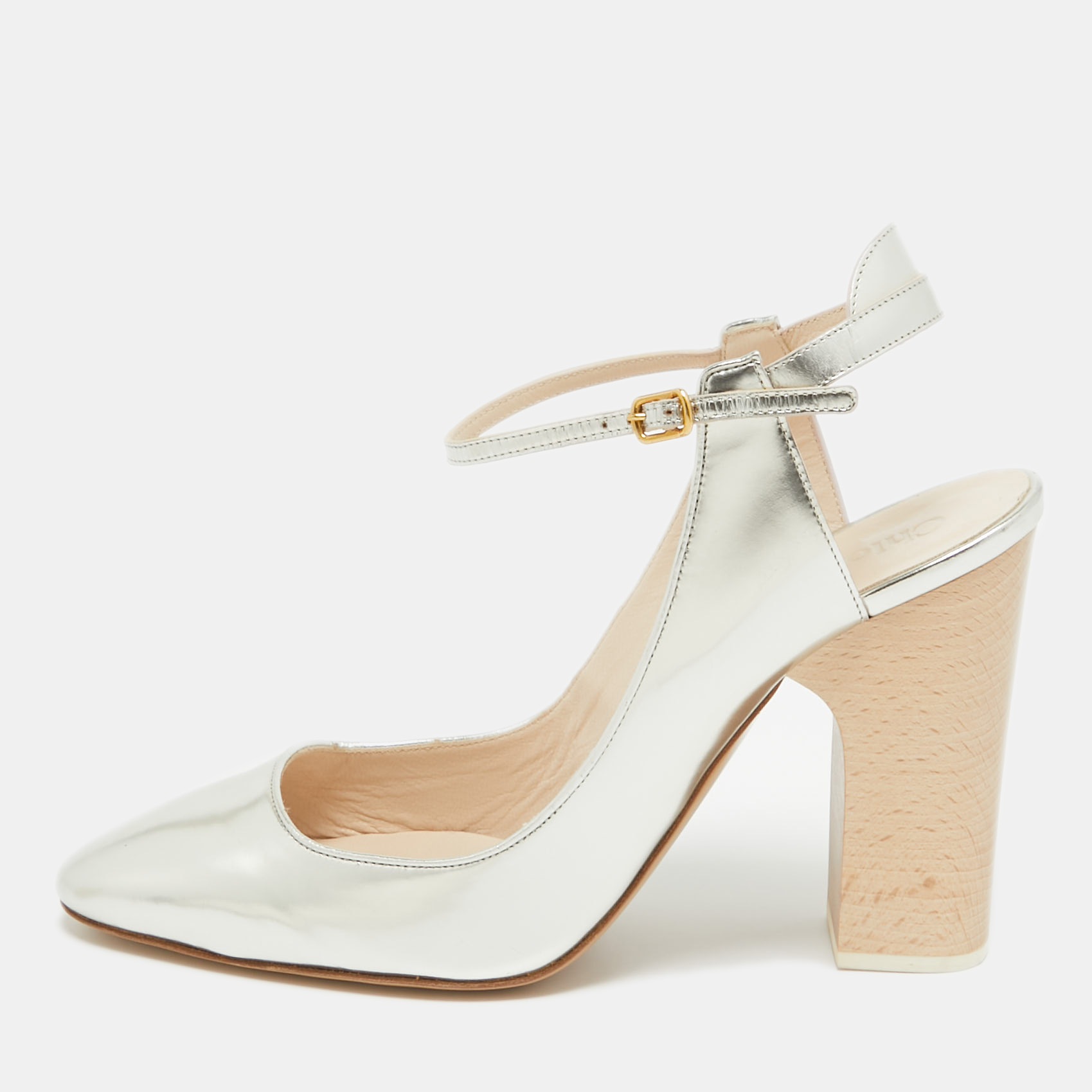 

Chloe Silver Leather Ankle Strap Pumps Size