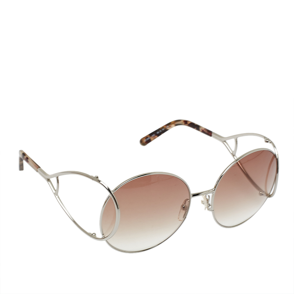 Pre-owned Chloé Chlo&eacute; Silver Tone/ Brown Gradient Ce124s Jackson Round Sunglasses