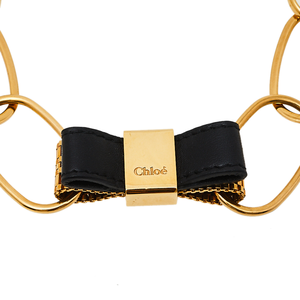 

Chloe Gold Tone Metal Leather Bow Detail Chain Necklace