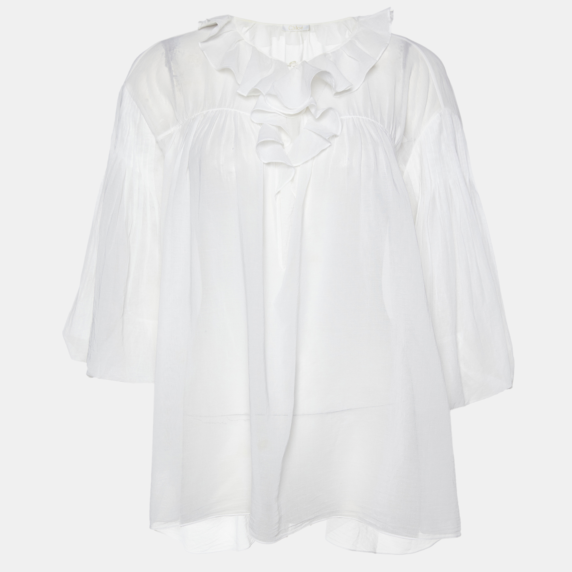 Pre-owned Chloé Off-white Cotton Pleated Loose Fit Top M