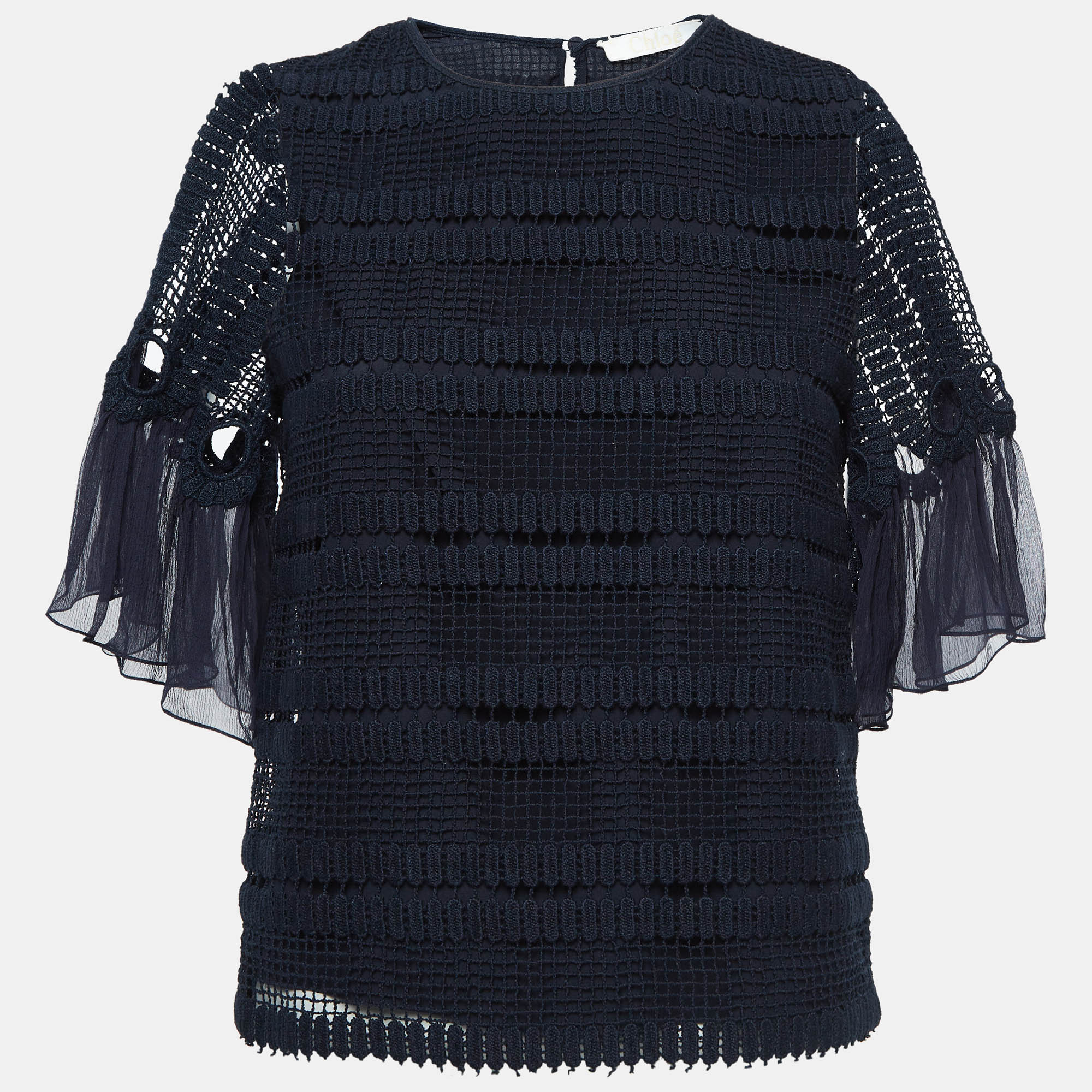 

Chloe Navy Blue Crochet Flutter Sleeve Top S